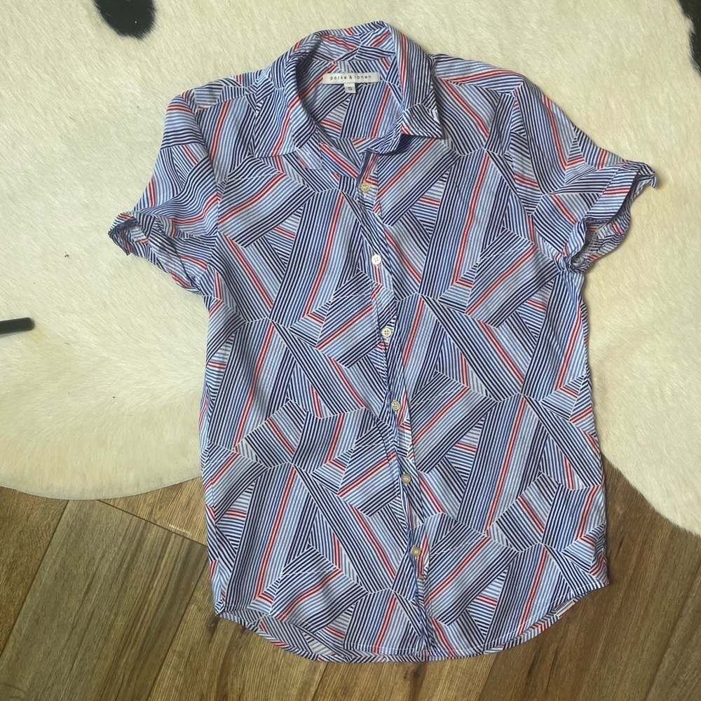 Parke & Ronen short-sleeve button-up with a blue, red, and white